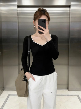 设计感小众大领口高级感内搭长袖T恤女春季黑色修身显瘦打底上衣