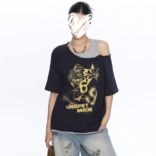 设计感超好看上衣 美式 辣妹涂鸦印花假两件露肩短袖 T恤女夏季 新款