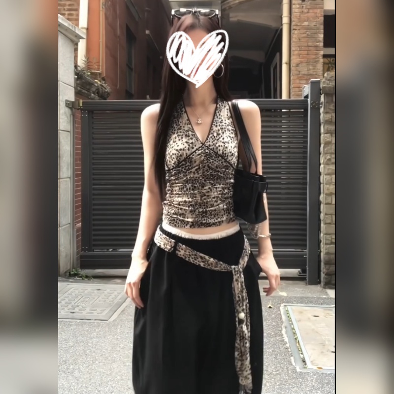 美式辣妹风性感豹纹V领吊带背心女夏季新款复古内搭外穿露背上衣
