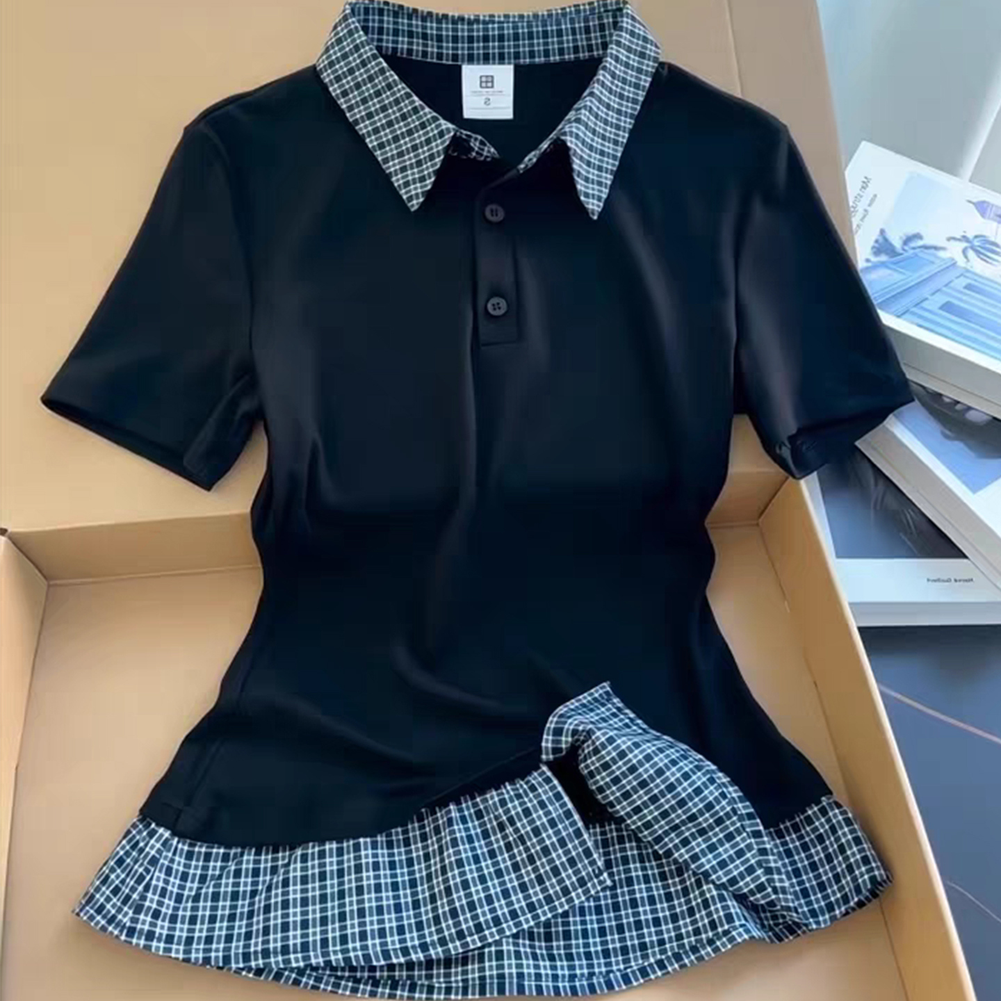 【赠运费险】格子拼接polo领上衣