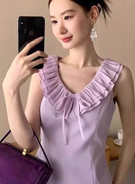 法式独特绝美荷叶领无袖衬衫女夏季新款设计感系带修身漂亮小上衣