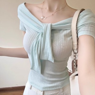 韩系甜辣妹蓝色系带一字肩短袖 独特超好看针织上衣 t恤女夏季 新款