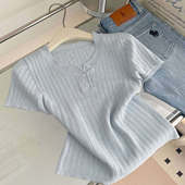 气质轻薄亲肤针织上衣 新款 韩系甜美蓝色纽扣半开领短袖 t恤女夏季