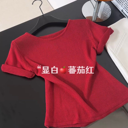 韩系红色减龄亲肤针织短袖t恤女夏季新款后背镂空设计感宽松上衣