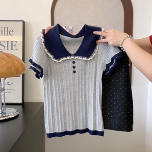 上衣 韩系气质撞色花边polo领针织衫 女夏季 新款 独特超好看亲肤修身