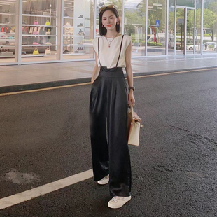 夏季欧洲站潮流醋酸高级纯色真丝宽松背带阔腿裤拖地女时尚休闲款