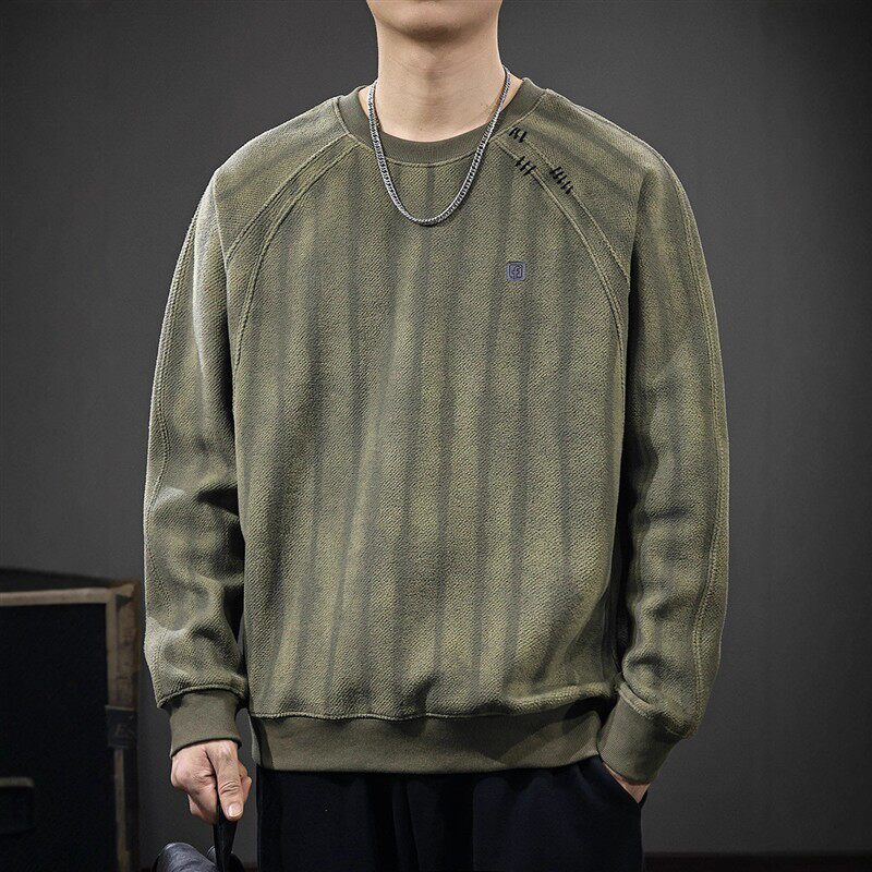 2025秋季新款长袖卫衣男复古高级质感条纹设计圆领宽松休闲上衣潮