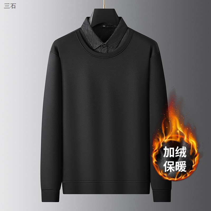 胖子哥2025年秋冬新款男士加肥加大码时尚休闲方领加绒假两件体恤