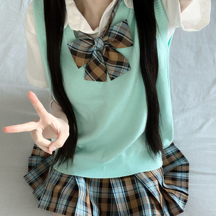 jk制服针织老头衫背心日系学院风纯色V领无袖马甲百搭套头毛衣女