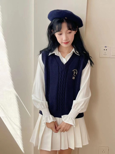 jk制服针织老头衫背心日系学院风纯色V领无袖马甲百搭套头毛衣女