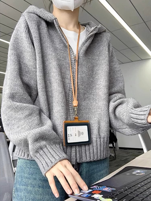 灰色连帽带帽双拉链毛衣外套女秋冬帽衫加厚外搭短款针织开衫