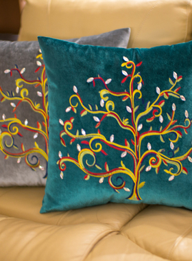 美式抱枕靠垫样板房丝绒墨绿色发财树刺绣靠包含芯客厅沙发抱枕套