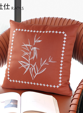 中式科技布沙发抱枕靠垫高端轻奢风刺绣竹客厅家用腰枕橙色靠枕套