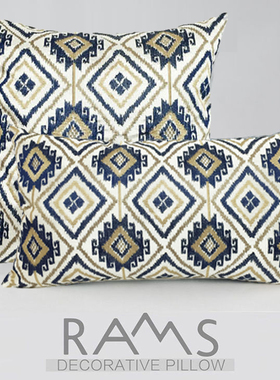 北欧沙发抱枕靠垫现代样板房长方形刺绣腰枕45蓝色几何靠枕套含芯