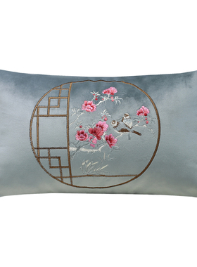 新款中式沙发靠垫抱枕美式样板房客厅刺绣靠枕办公室灰色腰枕含芯