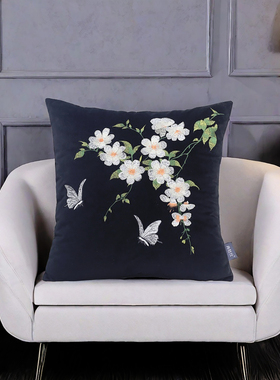 复古轻奢黑色靠枕套刺绣蝴蝶花腰枕古风设计靠垫沙发不含芯抱枕套