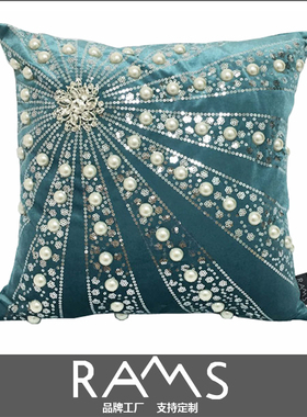 现代轻奢抱枕套蓝色欧式客厅沙发靠垫丝绒绣花水钻缝珠装饰长靠枕
