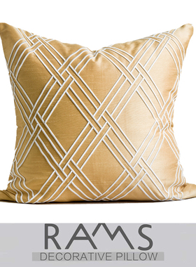 现代样板房靠包床头软包美式客厅布艺沙发靠枕菱形格纹绣花靠垫黄