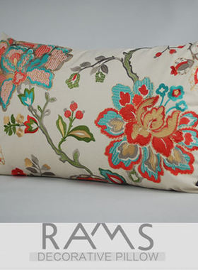 美式样板房布艺沙发腰枕套中式客厅靠枕蓝色全棉刺绣花卉抱枕靠包