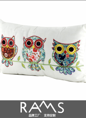 美式样板房靠垫抱枕咖单人沙发靠枕卡通贴布绣花手缝扣猫头鹰腰枕