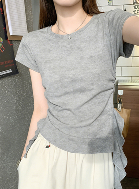 实拍~扎染正肩短袖女t恤女春季新款胖mm褶皱收腰不规则短款上衣