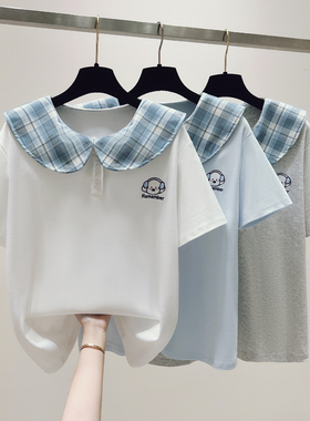 思洛伊实拍2026校园风拼色格子娃娃领短袖简约小狗刺绣T恤