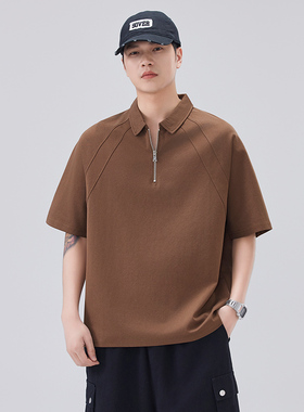 实拍2025夏季新款半拉链短袖Polo衫男宽松百搭韩版翻领短袖t恤