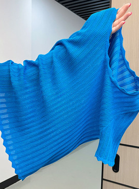 实拍！实拍！有大图！2026夏季针织蓝色镂空波浪边冰丝t恤女上衣