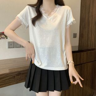 实拍2026夏季雪花棉正肩白色蕾丝v领上衣短袖t恤女