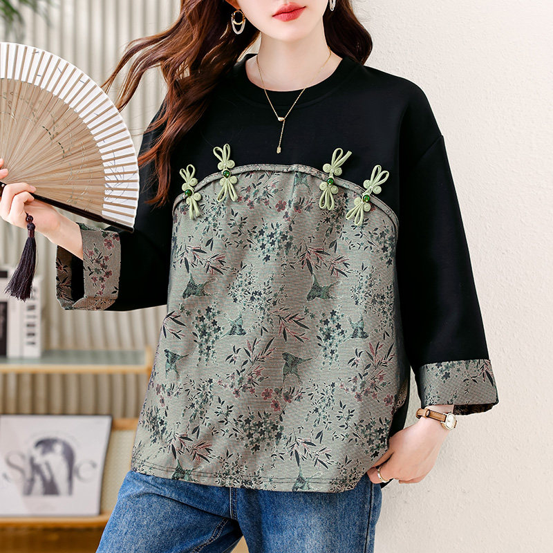 实拍 圆领亮丝提花拼接卫衣2026春季宽松新中式国风盘扣气质女装
