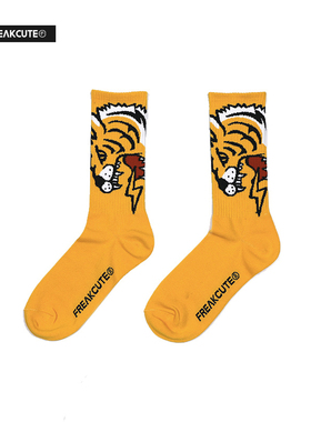 FREAKCUTE原创潮牌虎头欧美街头ins嘻哈男女潮中筒桔色运动袜子