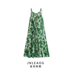 Jnleaog Summer New Women's Clothing European and American Style French Versatile Casual Tie-Up Vacation Printed Beach Long Dress
