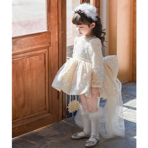 花童拖尾礼服丝绒亮片生日公主裙