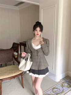 LXLILIUM【香榭丽舍】娃娃领复古格纹西装外套女秋季长袖西服上衣