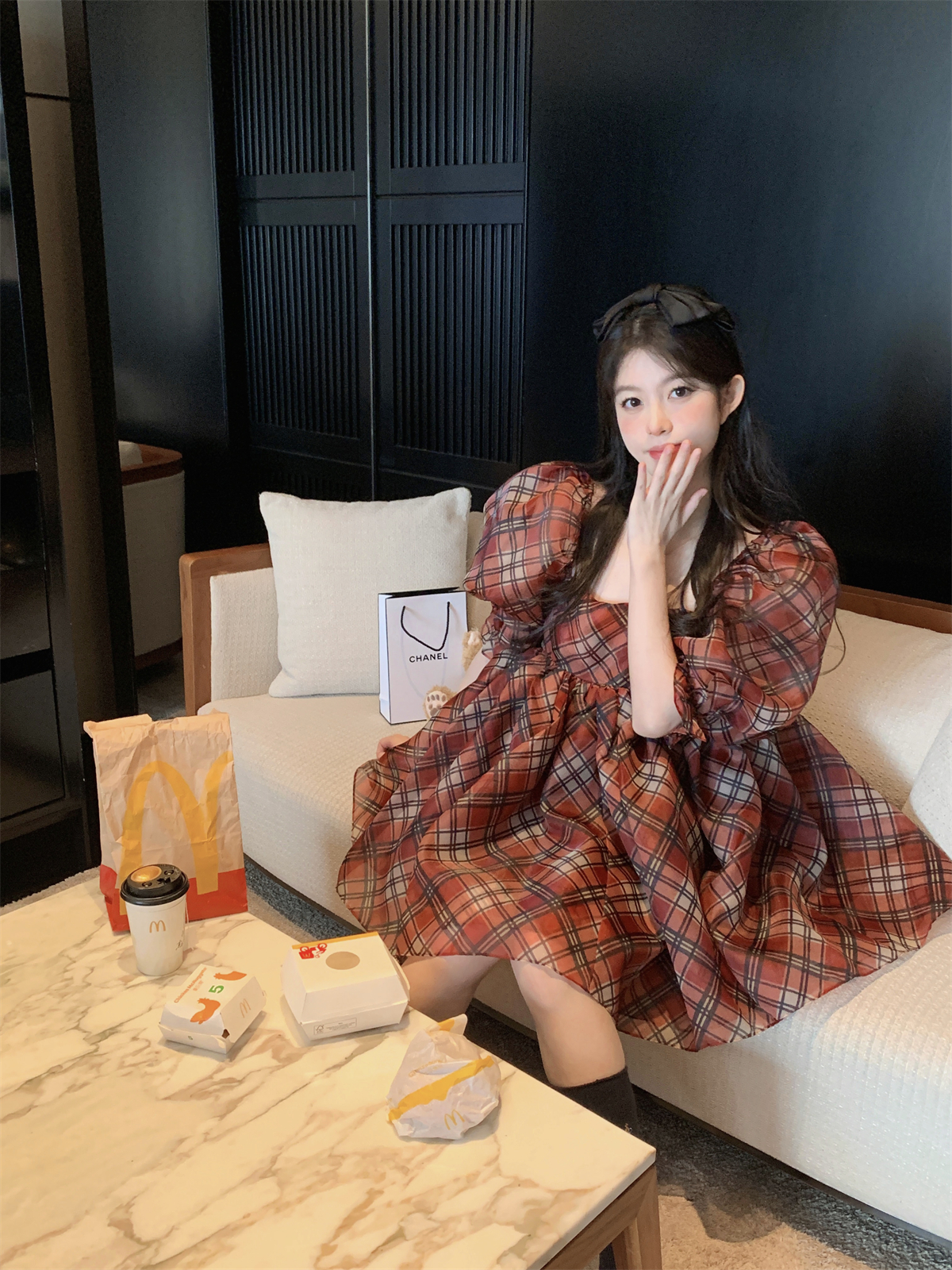 红色公主格子裙网纱多层