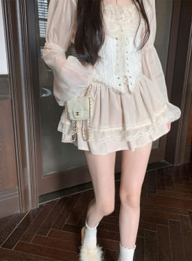 LXLILIUM【少女漫漫】香槟杏花边蕾丝公主半身裙女秋冬蓬蓬丝绒裙