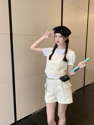 冰糖奶盖金色小香风套装背心