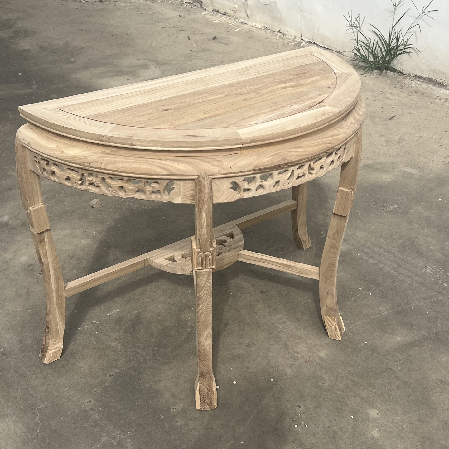 新中式实木半圆桌北方榆木月牙桌墙边桌门厅入户端景台玄关桌白茬