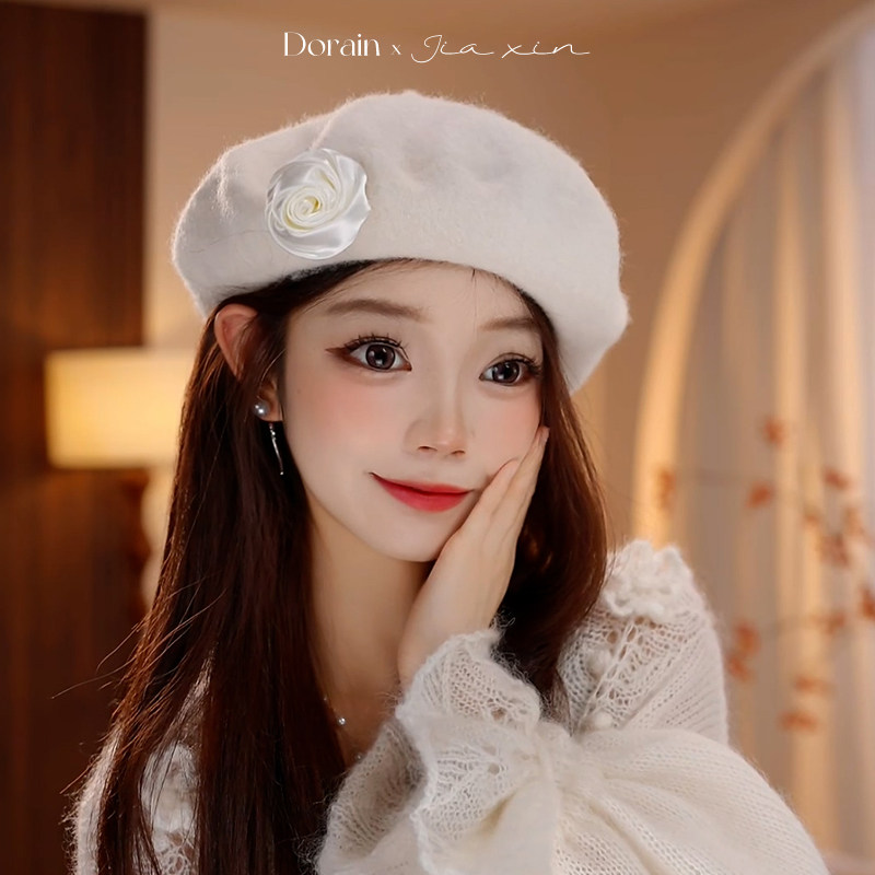 朵澜白色羊毛贝雷帽女秋冬新款显脸小毛呢蓓蕾帽洋气百搭画家帽子