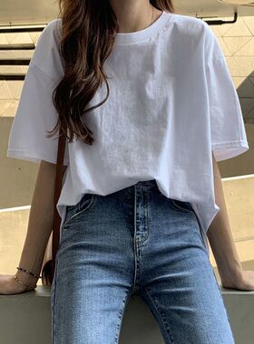 白色短袖t恤女夏季2023新款宽松薄款打底衫圆领内搭纯色百搭上衣