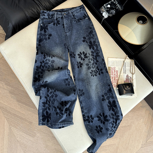 新款秋冬雪尼尔厚料阔腿牛仔裤女植绒裤子复古提花直筒宽松休闲裤