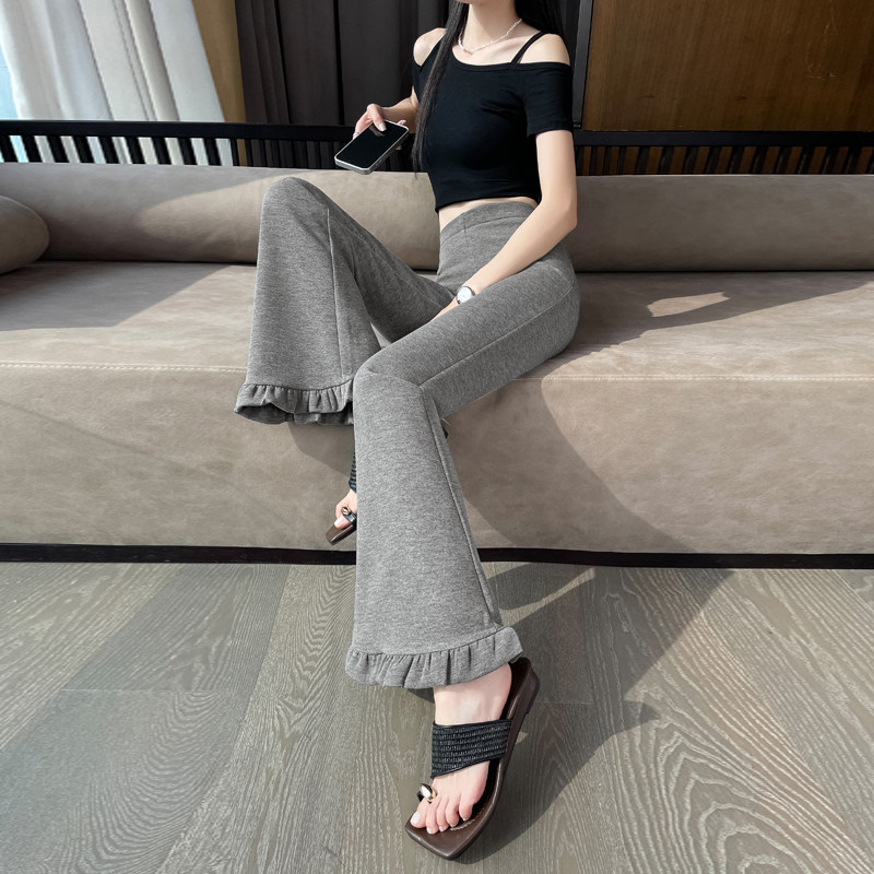 韩版木耳荷叶花边微喇裤2026春夏新款女高腰弹力休闲裤提臀显瘦