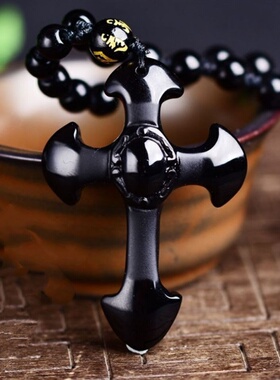 天然黑曜石男女款情侣十字架吊坠