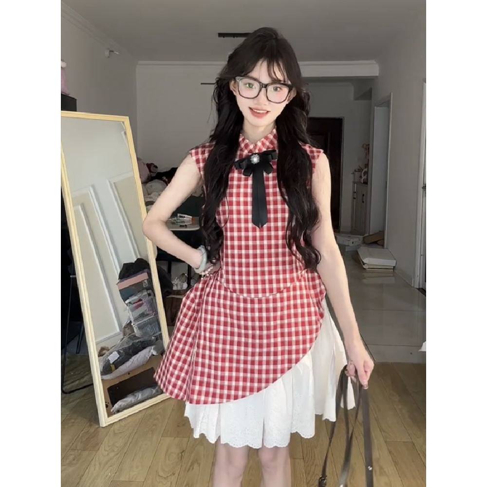 学院风红色格纹蛋糕蓬蓬连衣裙女生日裙子甜美气质收腰显瘦背心裙