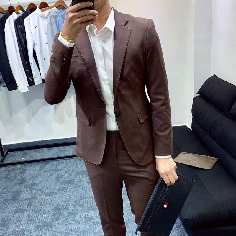 新款英伦一粒扣西服套装男韩版修身青年时尚商务休闲两件套小西装