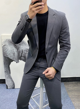 韩版休闲西装两件套男春季新款帅气职业正装修身西服套装伴郎礼服
