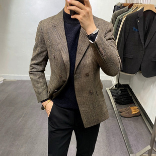 秋冬新款 修身 英伦格子双排扣西装 外套潮 复古休闲小西服上衣男韩版