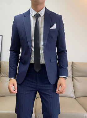 秋季新款休闲条纹西装套装男修身韩版青年帅气西服两件套结婚礼服