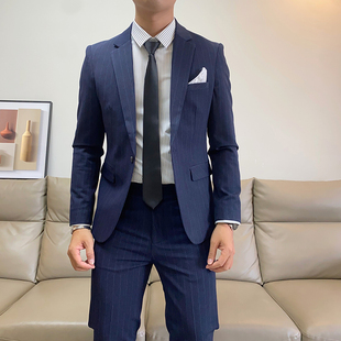 秋季新款休闲条纹西装套装男修身韩版青年帅气西服两件套结婚礼服