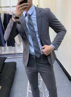 韩国秋季新款一粒扣休闲西装套装男帅气韩版修身青年西服男两件套